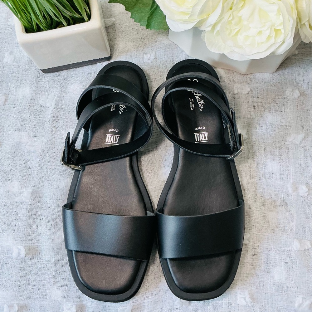 Seychelles Black Leather Double-Strap Flat Sandals